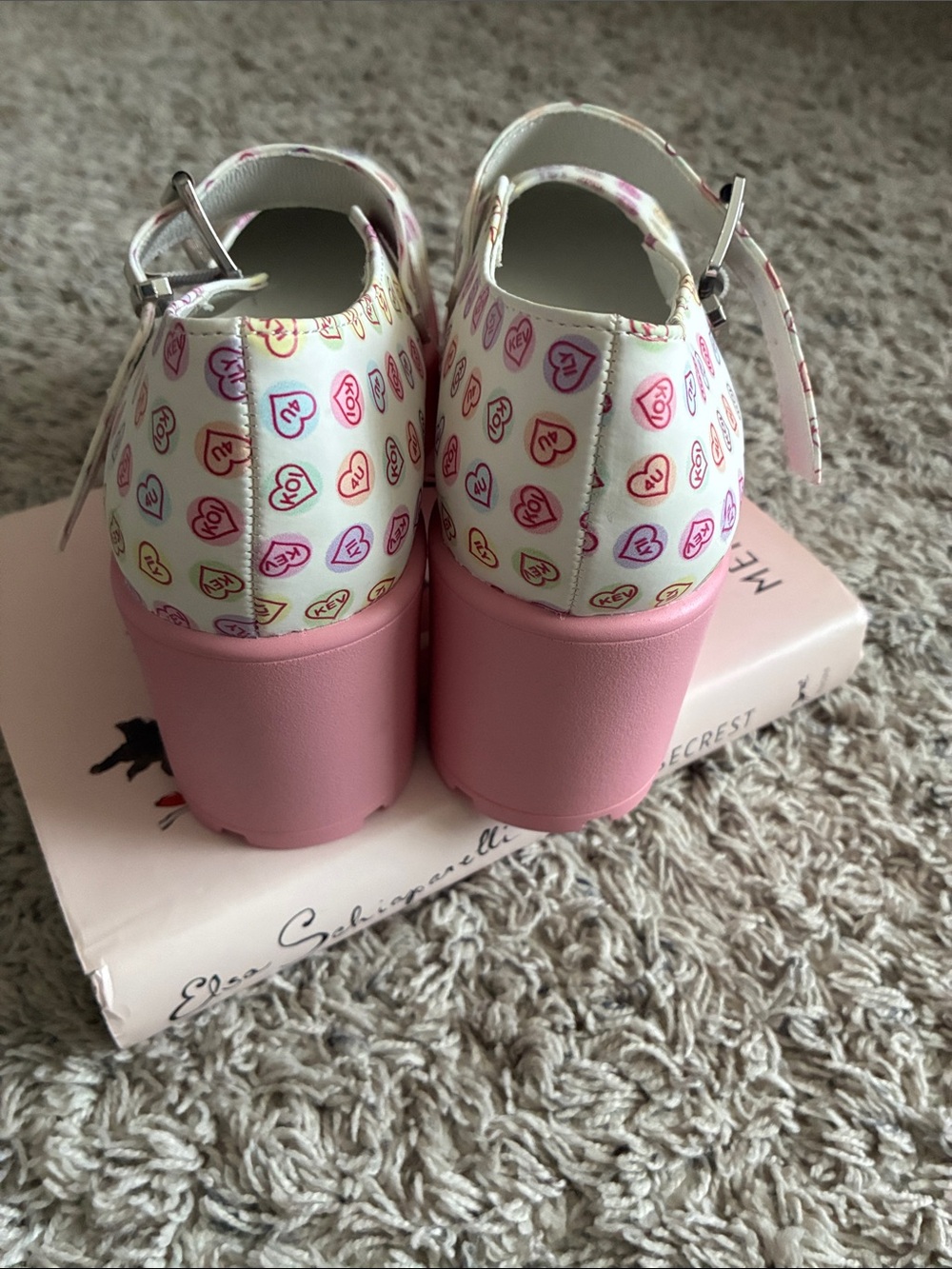 koi White Mary Jane Platform Heels with Pink Soles and Multicolor Heart Print - Picture 3 of 7